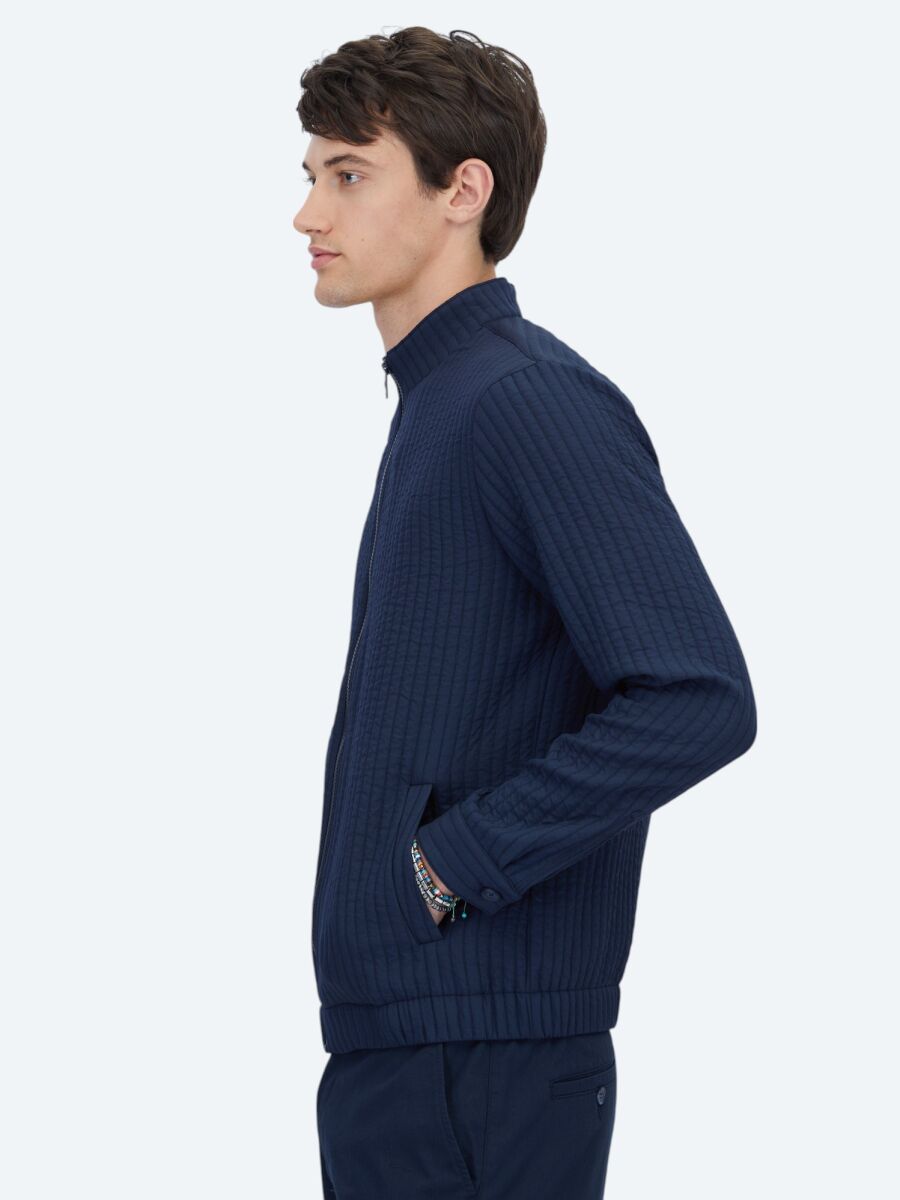 Navy Blue Regular Fit Turtleneck Casual Weaving Coat - 3