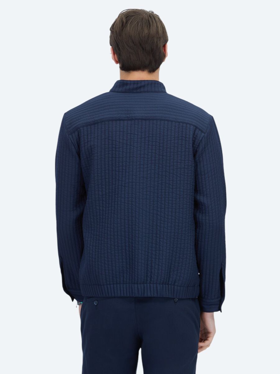 Navy Blue Regular Fit Turtleneck Casual Weaving Coat - 5
