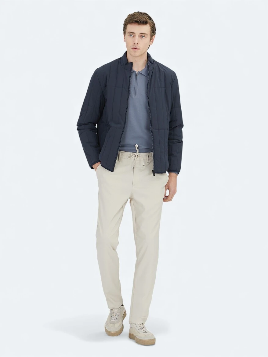 Navy Blue Regular Fit Turtleneck Casual Weaving Coat 