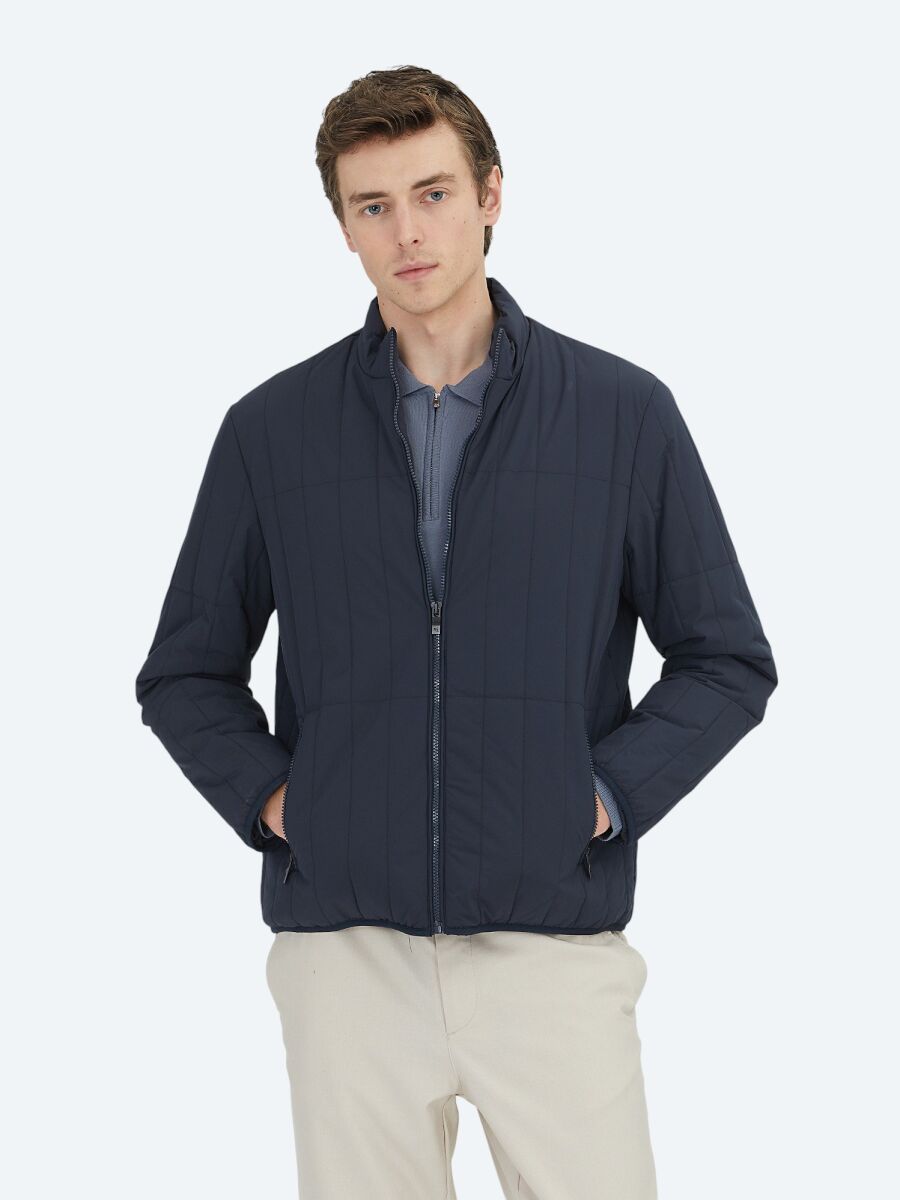 Navy Blue Regular Fit Turtleneck Casual Weaving Coat - 1