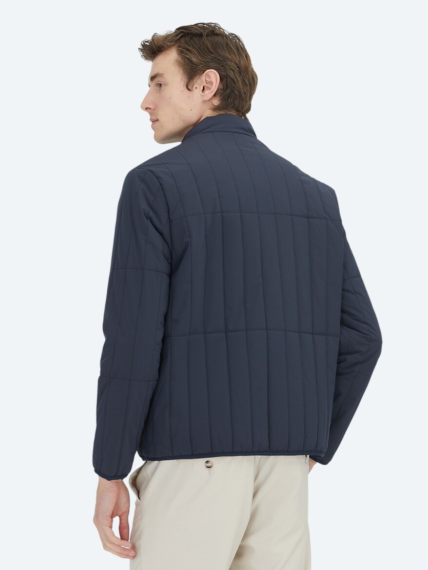 Navy Blue Regular Fit Turtleneck Casual Weaving Coat - 4