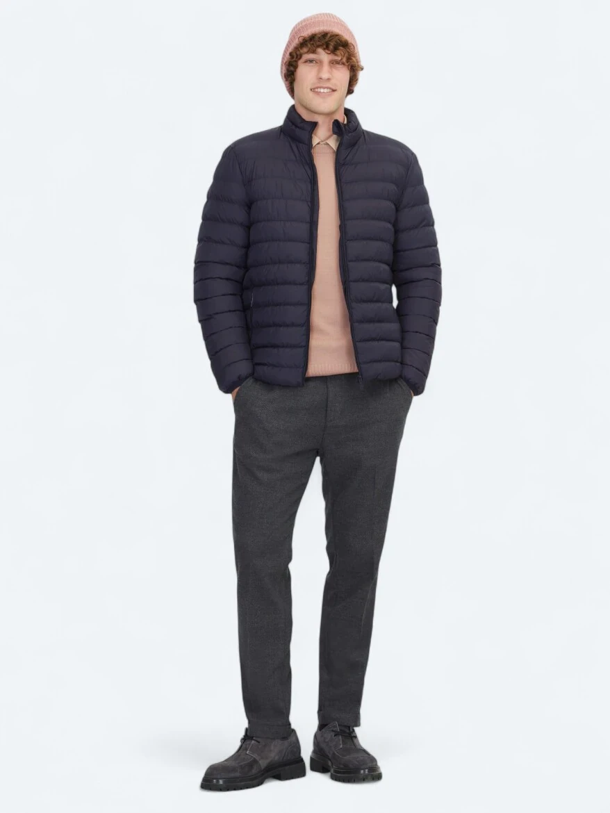 Navy Blue Regular Fit Turtleneck Casual Weaving Coat - 2
