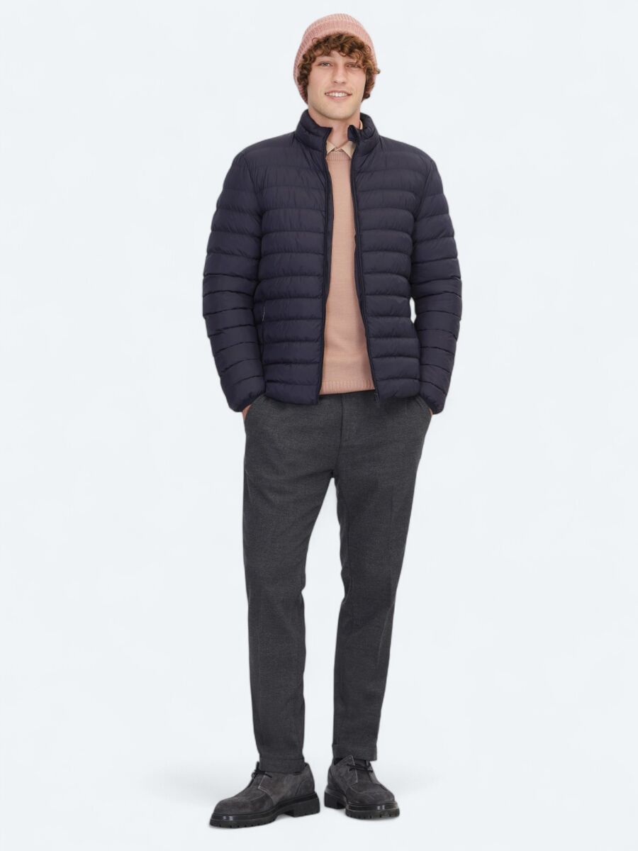 Navy Blue Regular Fit Turtleneck Casual Weaving Coat - 2