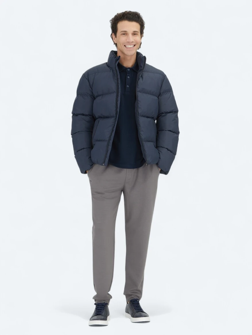 Navy Blue Regular Fit Turtleneck Casual Weaving Coat - 3