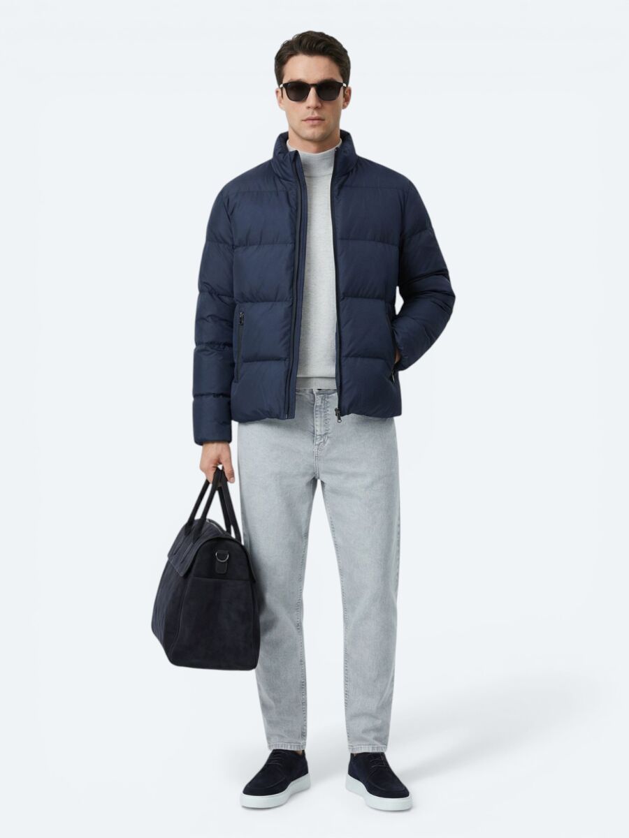 Navy Blue Regular Fit Turtleneck Casual Weaving Coat - 2