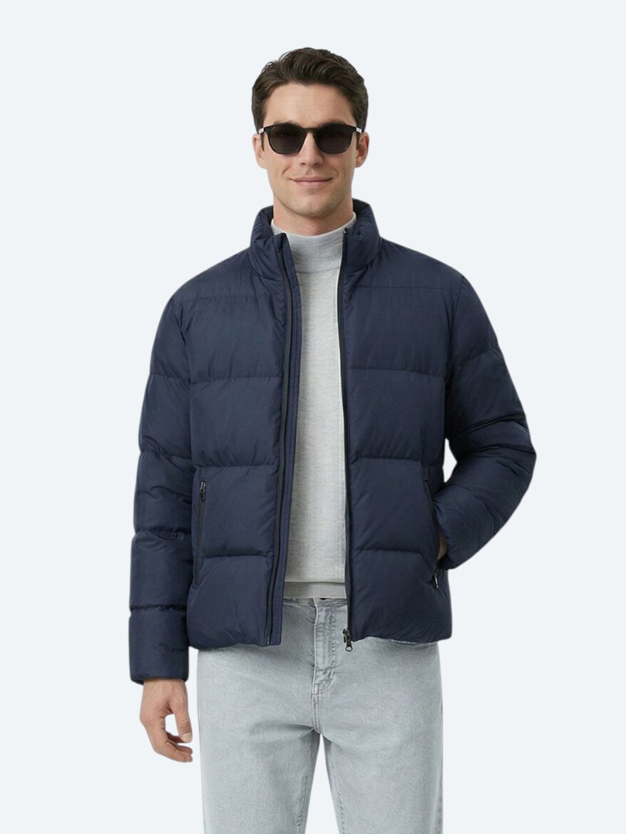 Navy Blue Regular Fit Turtleneck Casual Weaving Coat - 3