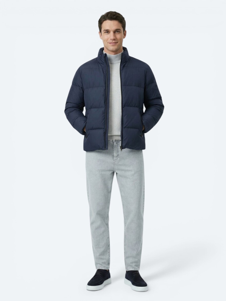 Navy Blue Regular Fit Turtleneck Casual Weaving Coat - 4