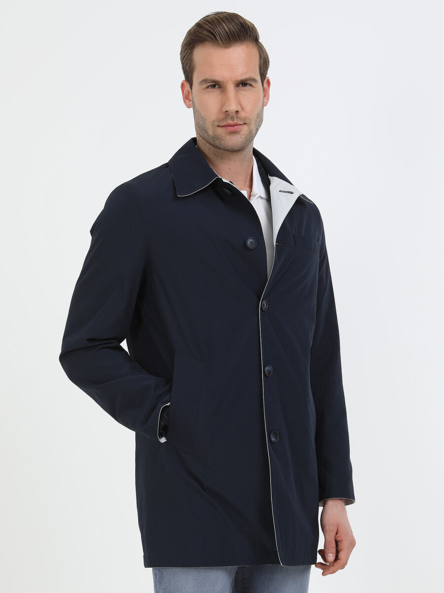 Navy Blue Regular Fit Turtleneck Casual Weaving Double-Sided Rain Coat - 1