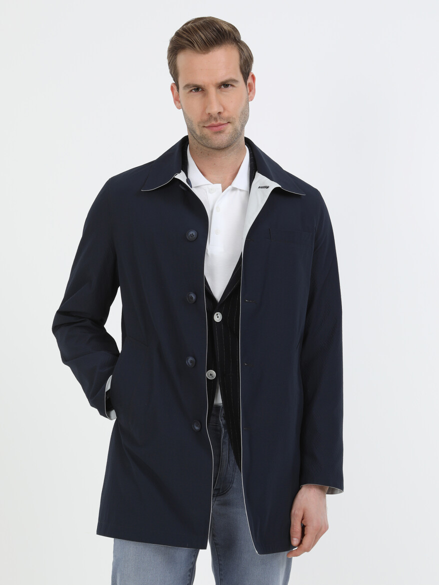 Navy Blue Regular Fit Turtleneck Casual Weaving Double-Sided Rain Coat - 2