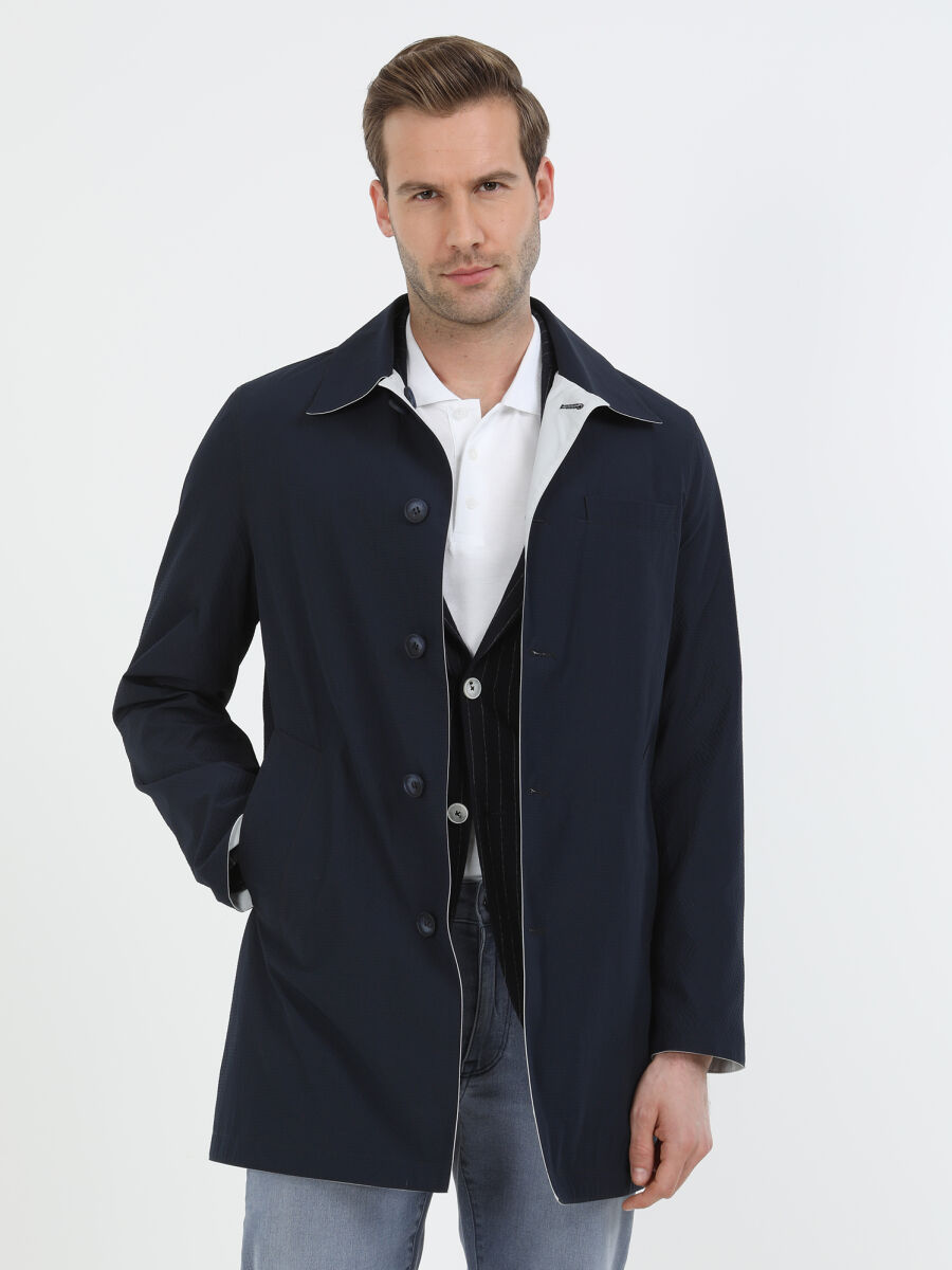 Navy Blue Regular Fit Turtleneck Casual Weaving Double-Sided Rain Coat - 2
