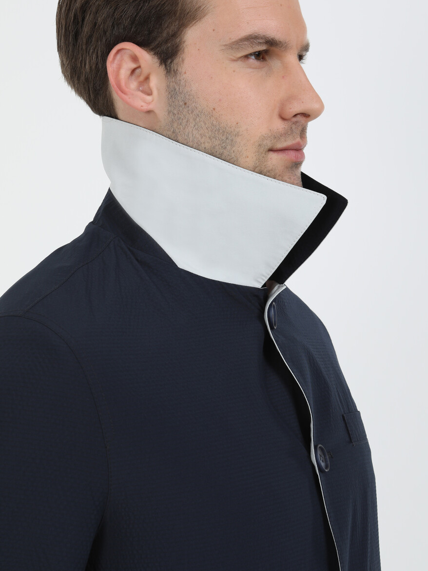 Navy Blue Regular Fit Turtleneck Casual Weaving Double-Sided Rain Coat - 3