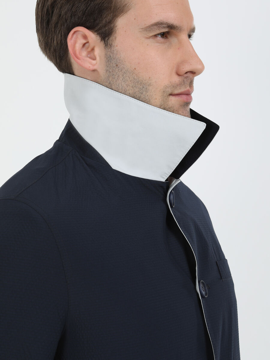 Navy Blue Regular Fit Turtleneck Casual Weaving Double-Sided Rain Coat - 3