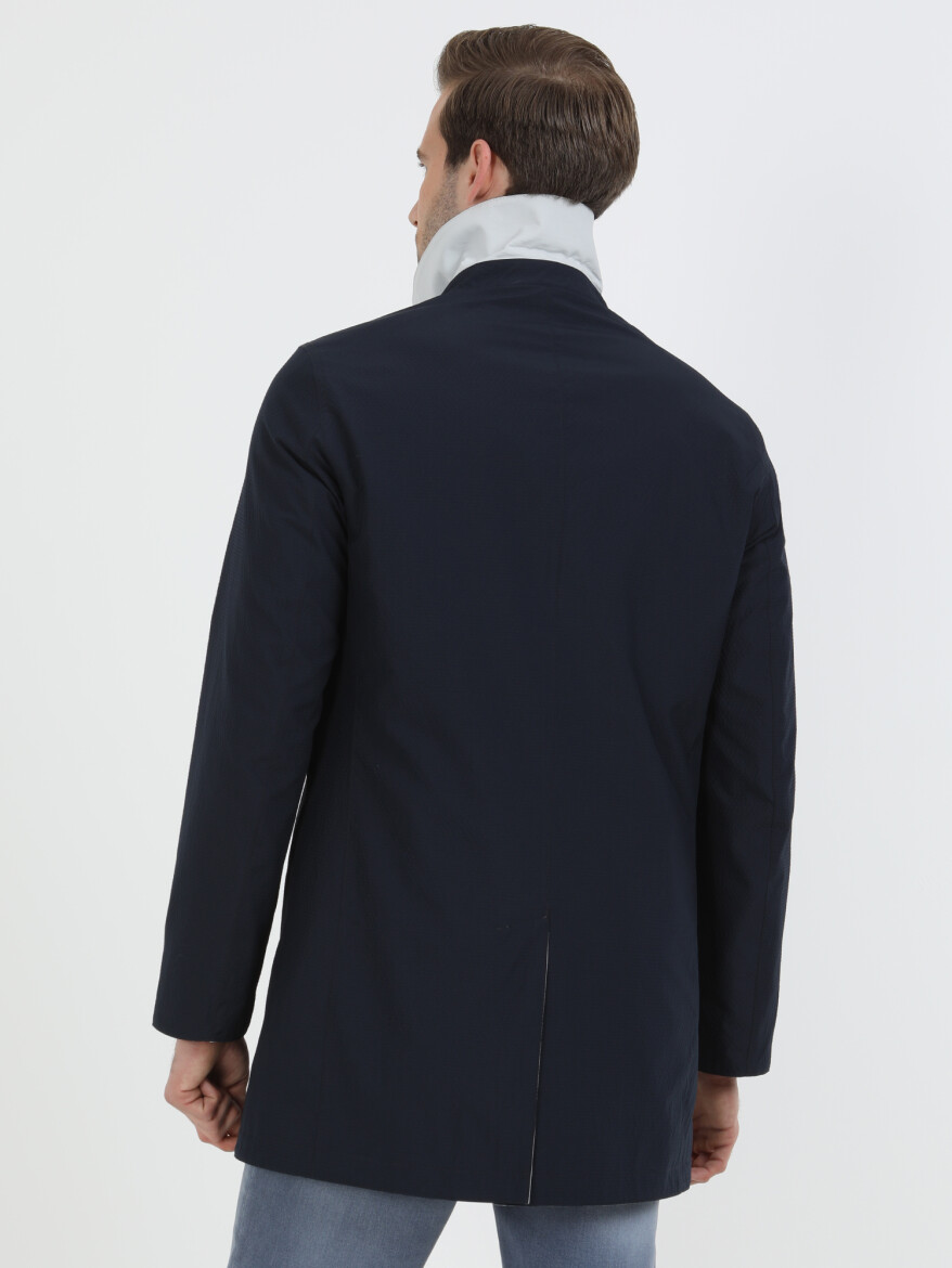 Navy Blue Regular Fit Turtleneck Casual Weaving Double-Sided Rain Coat - 4