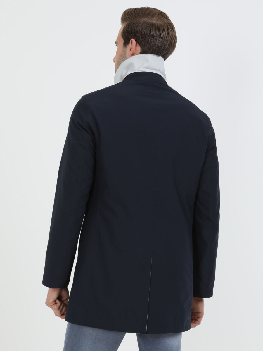 Navy Blue Regular Fit Turtleneck Casual Weaving Double-Sided Rain Coat - 4