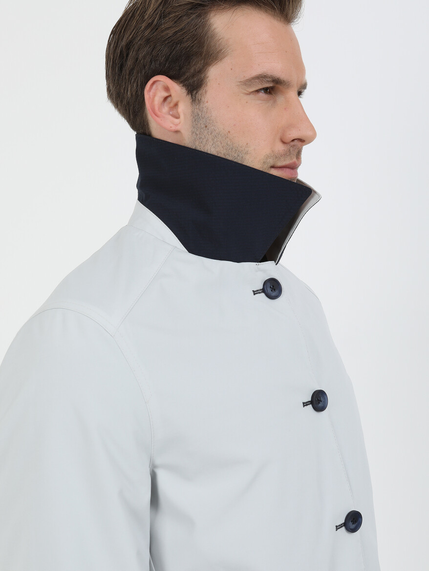 Navy Blue Regular Fit Turtleneck Casual Weaving Double-Sided Rain Coat - 7