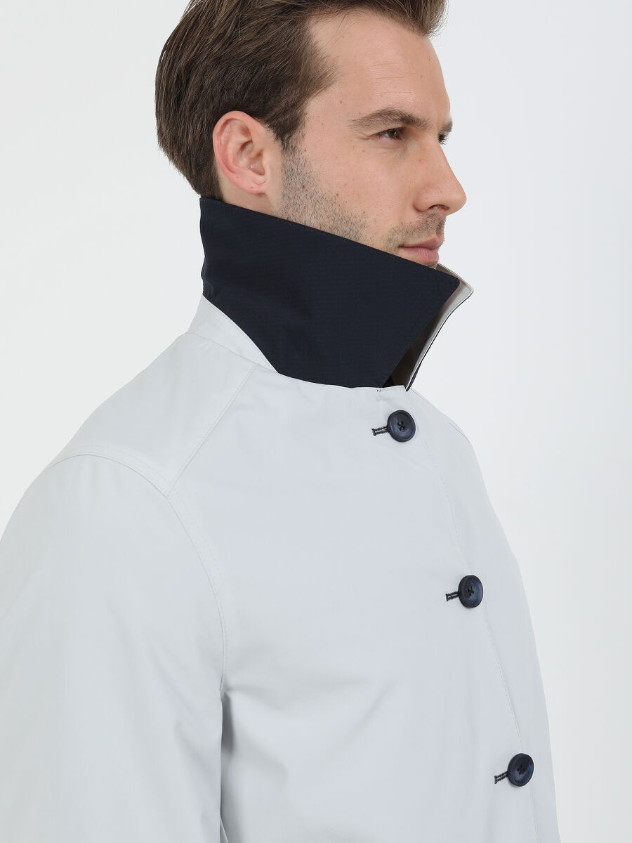 Navy Blue Regular Fit Turtleneck Casual Weaving Double-Sided Rain Coat - 7