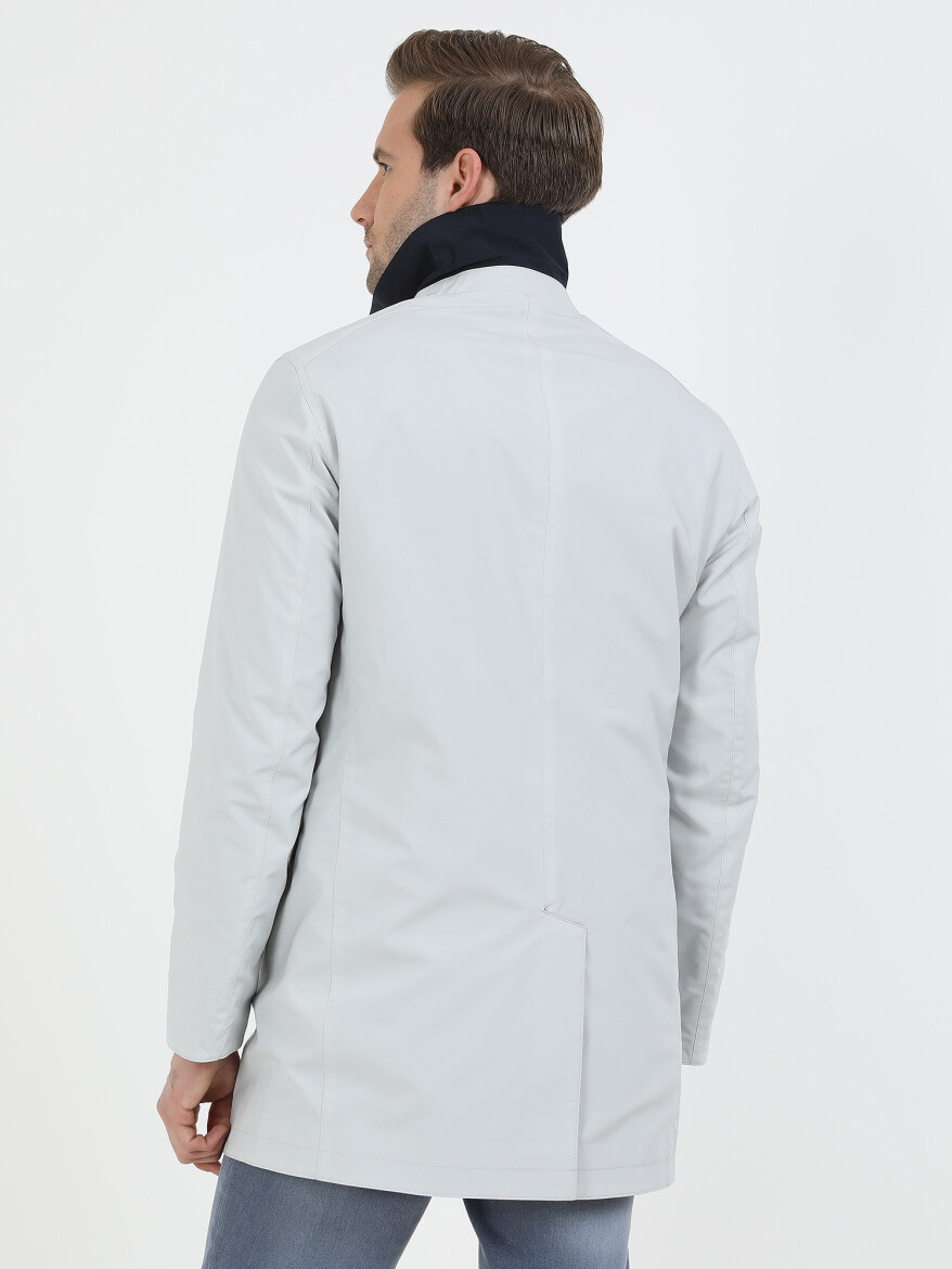 Navy Blue Regular Fit Turtleneck Casual Weaving Double-Sided Rain Coat - 8