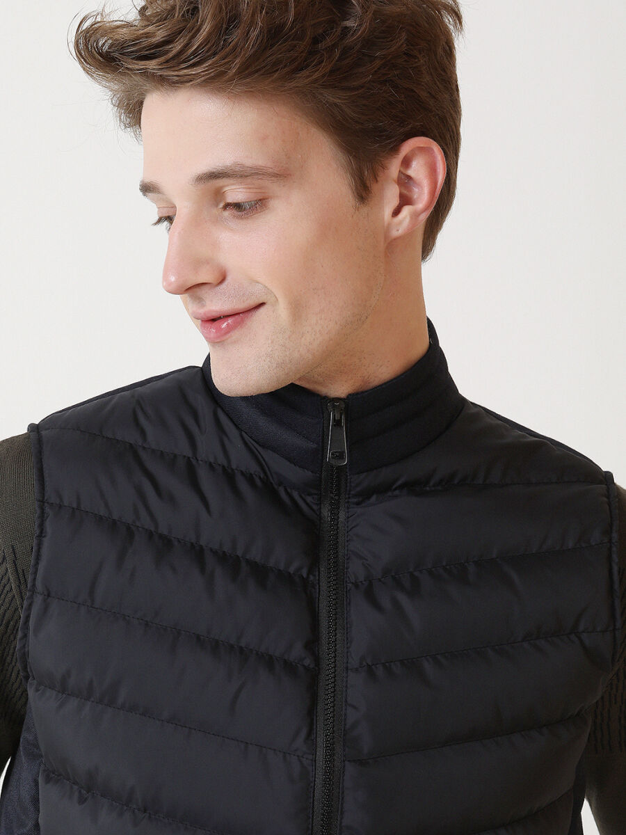 Navy Blue Regular Fit Turtleneck Casual Weaving Puffer Vest - 2