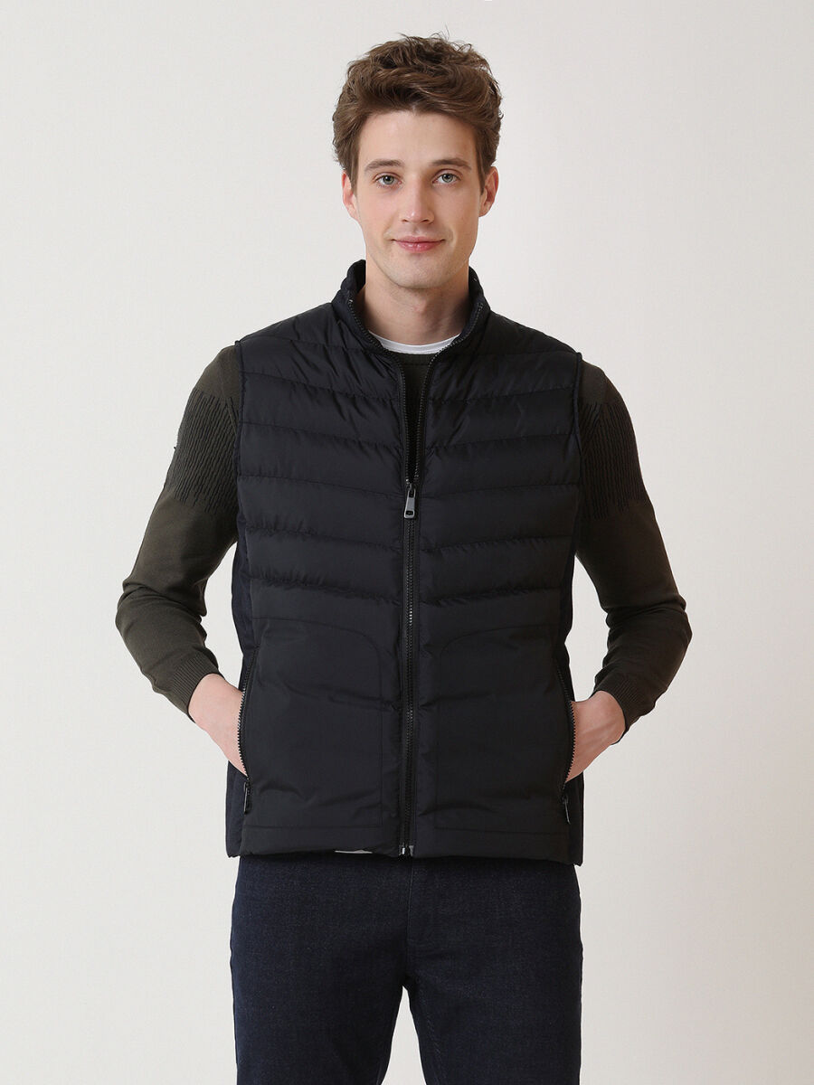 Navy Blue Regular Fit Turtleneck Casual Weaving Puffer Vest - 3