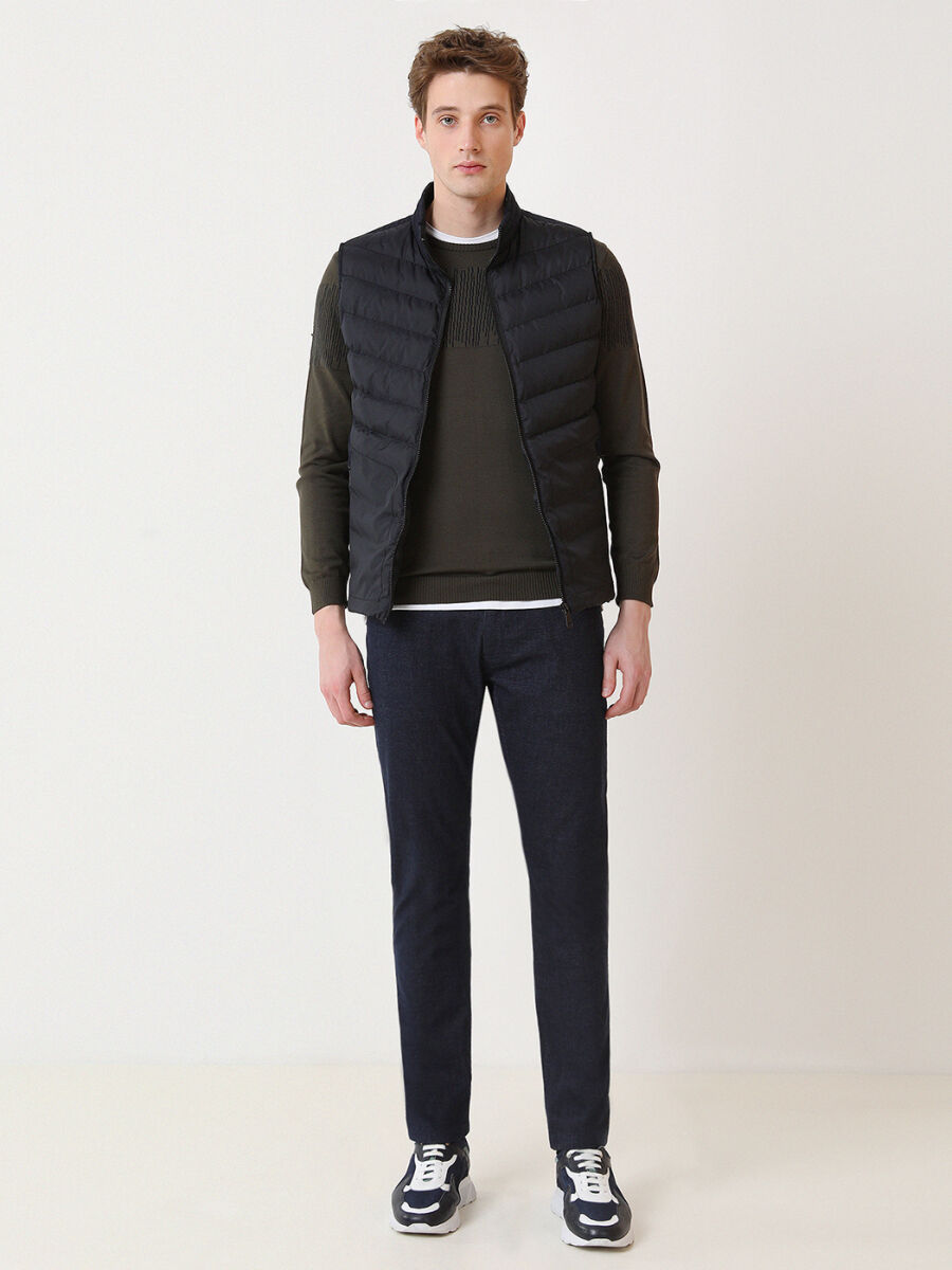 Navy Blue Regular Fit Turtleneck Casual Weaving Puffer Vest - 4