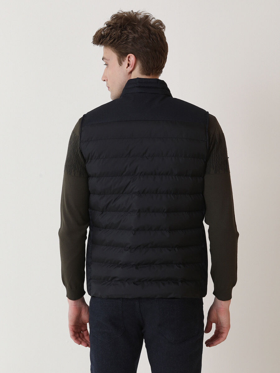 Navy Blue Regular Fit Turtleneck Casual Weaving Puffer Vest - 5