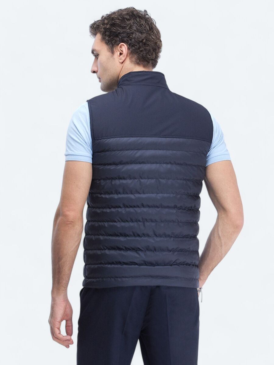 Navy Blue Regular Fit Turtleneck Casual Weaving Puffer Vest - 5