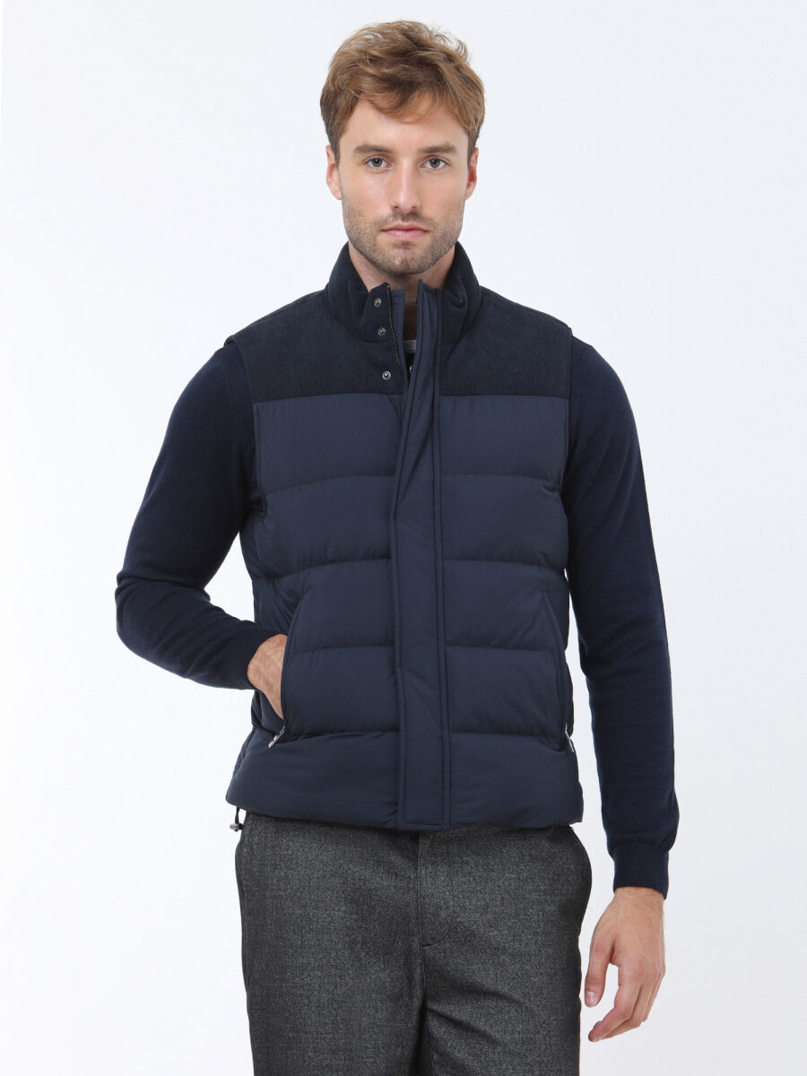 Navy Blue Regular Fit Turtleneck Casual Weaving Puffer Vest - 2