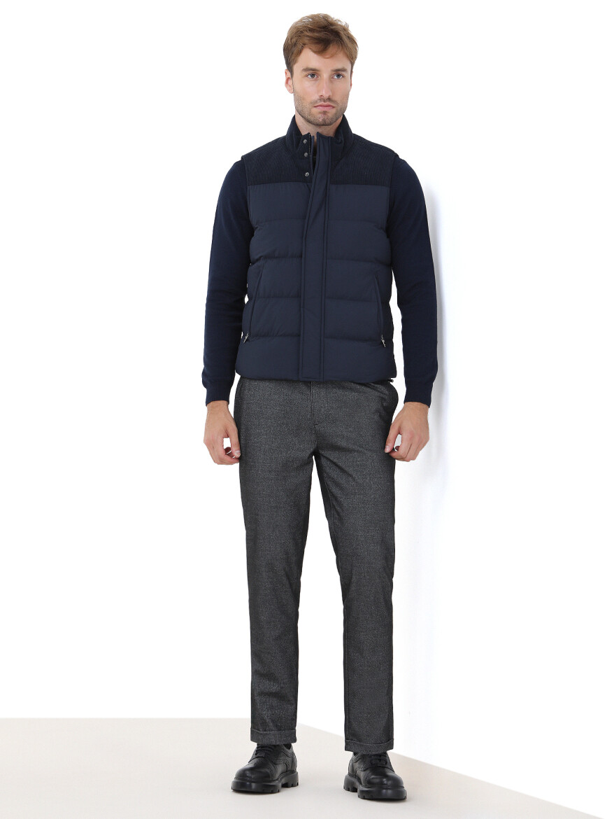Navy Blue Regular Fit Turtleneck Casual Weaving Puffer Vest - 3