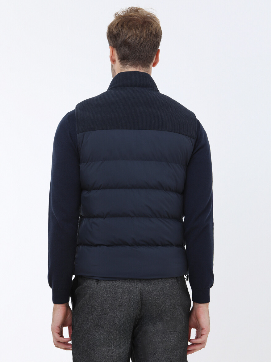 Navy Blue Regular Fit Turtleneck Casual Weaving Puffer Vest - 4