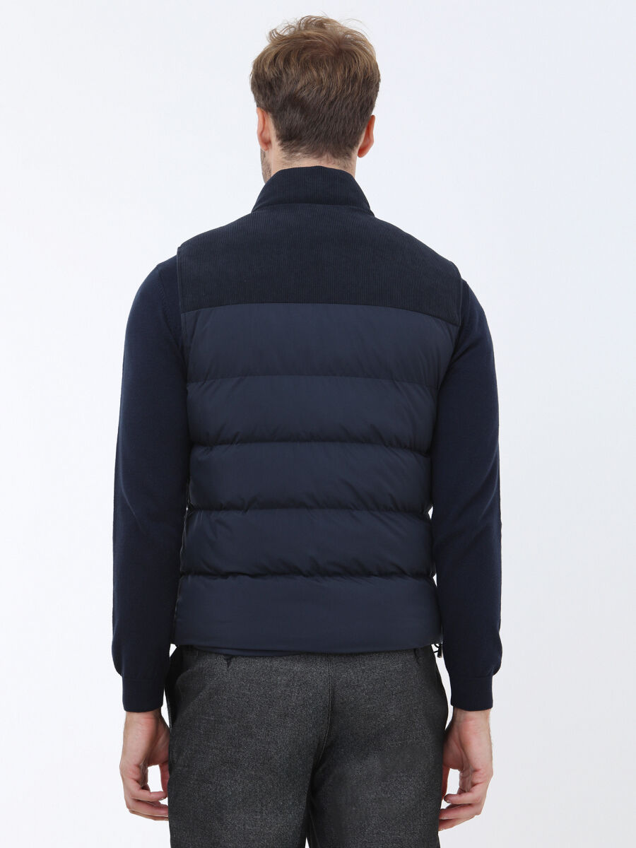 Navy Blue Regular Fit Turtleneck Casual Weaving Puffer Vest - 4