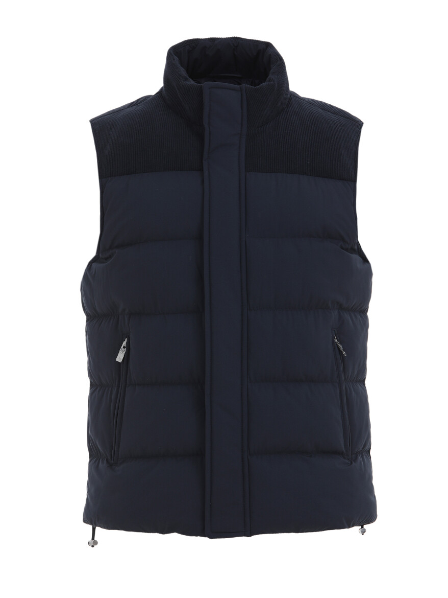 Navy Blue Regular Fit Turtleneck Casual Weaving Puffer Vest - 5