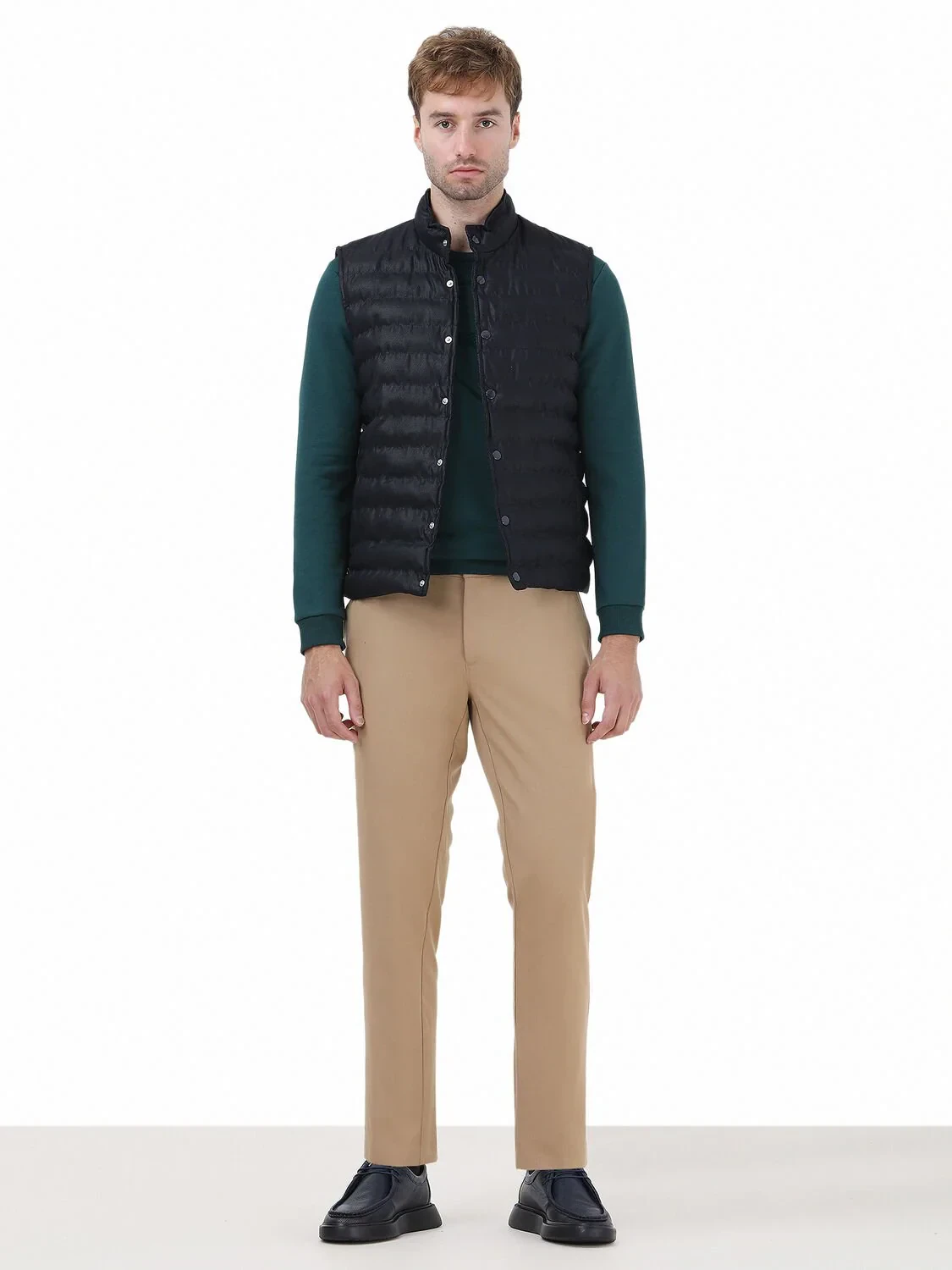 Navy Blue Regular Fit Turtleneck Casual Weaving Puffer Vest - 2