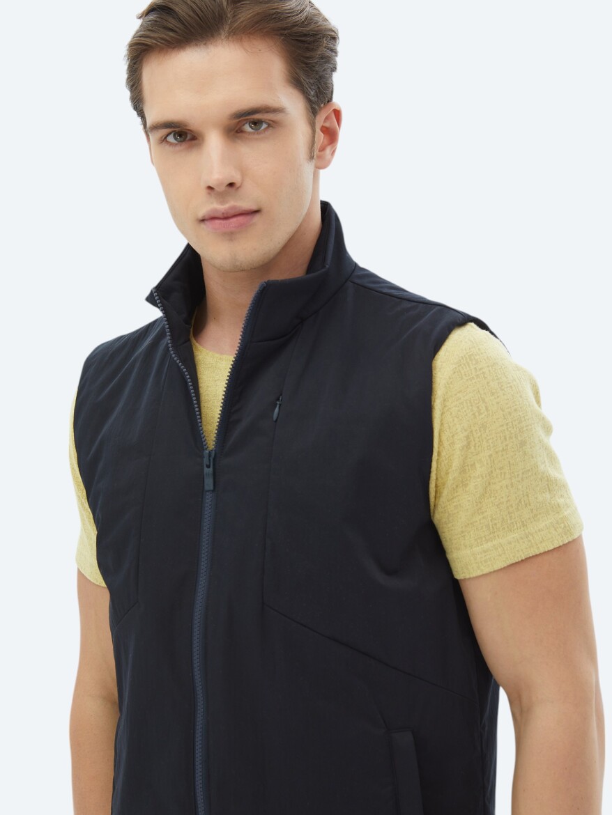 Navy Blue Regular Fit Turtleneck Casual Weaving Puffer Vest - 3