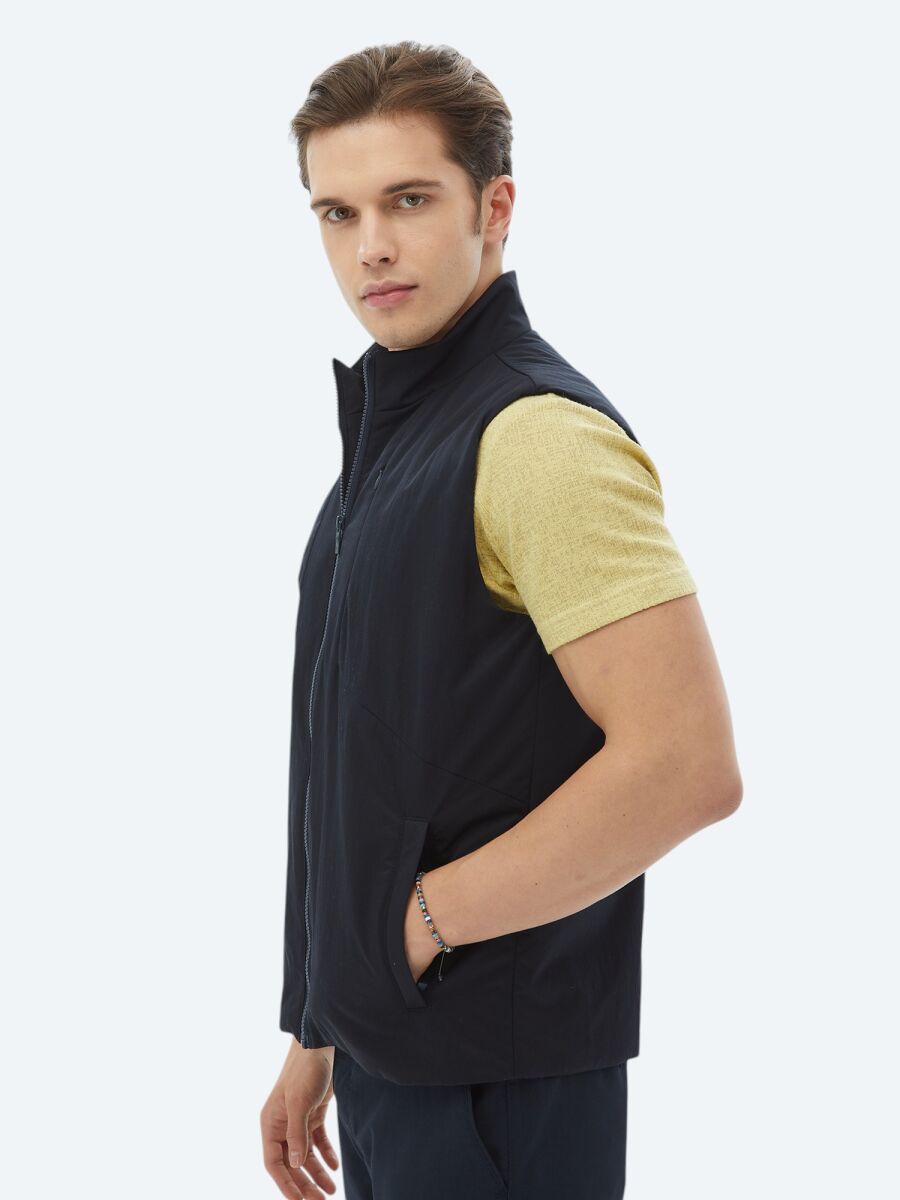 Navy Blue Regular Fit Turtleneck Casual Weaving Puffer Vest - 4