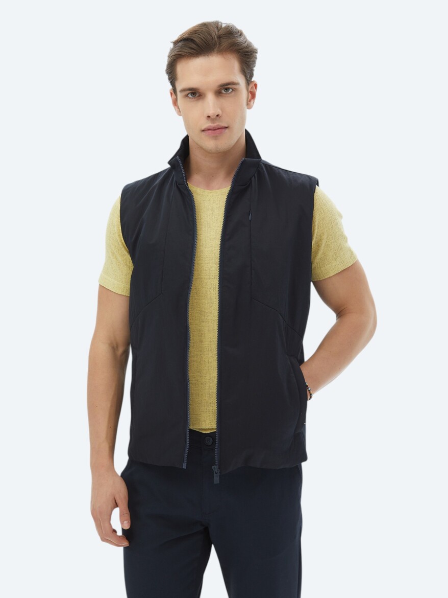 Navy Blue Regular Fit Turtleneck Casual Weaving Puffer Vest - 6