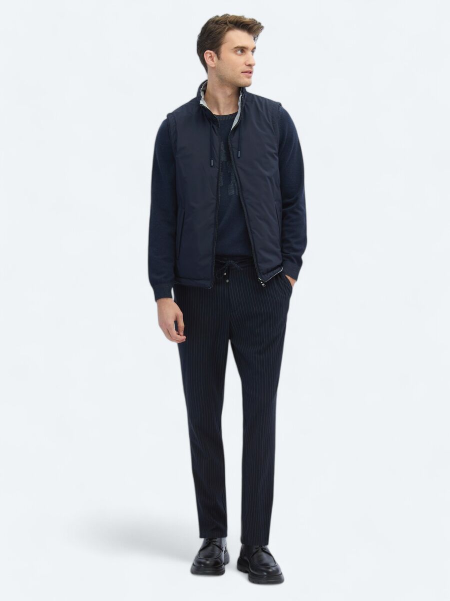 Navy Blue Regular Fit Turtleneck Casual Weaving Puffer Vest - 3