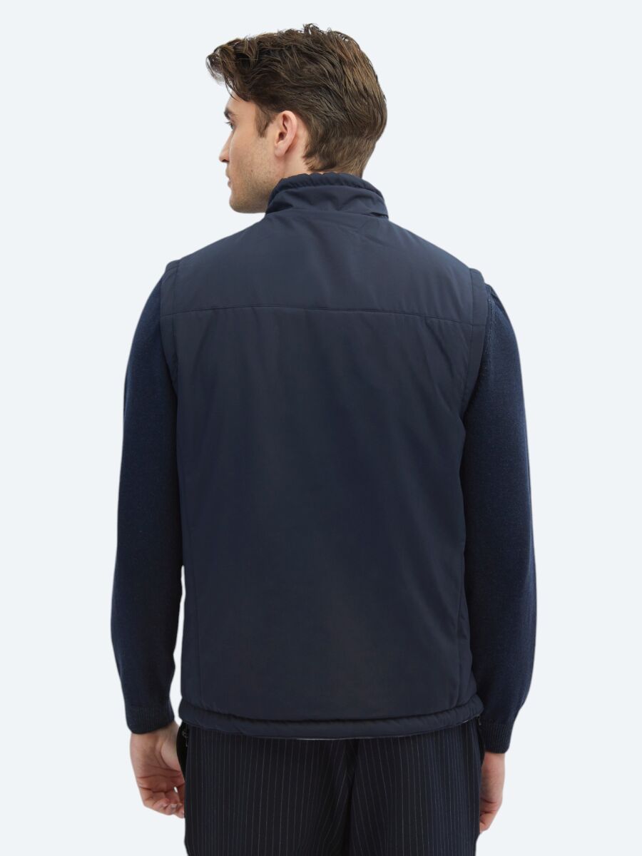 Navy Blue Regular Fit Turtleneck Casual Weaving Puffer Vest - 7