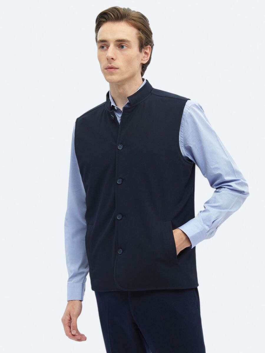 Navy Blue Regular Fit Turtleneck Casual Weaving Puffer Vest - 5