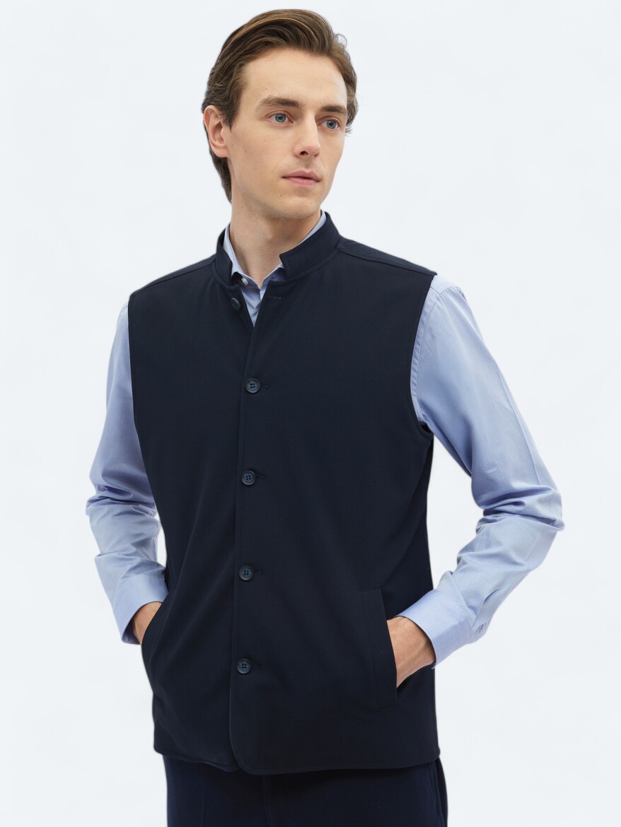 Navy Blue Regular Fit Turtleneck Casual Weaving Puffer Vest - 7