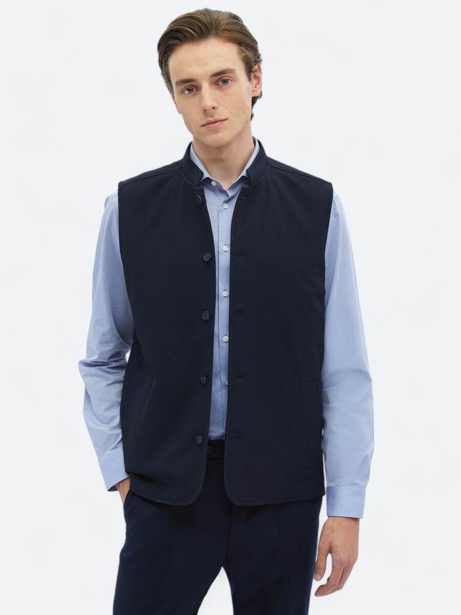 Navy Blue Regular Fit Turtleneck Casual Weaving Puffer Vest - 1