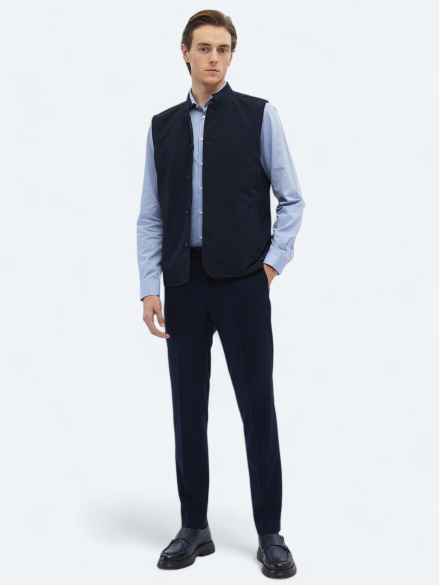 Navy Blue Regular Fit Turtleneck Casual Weaving Puffer Vest - 3