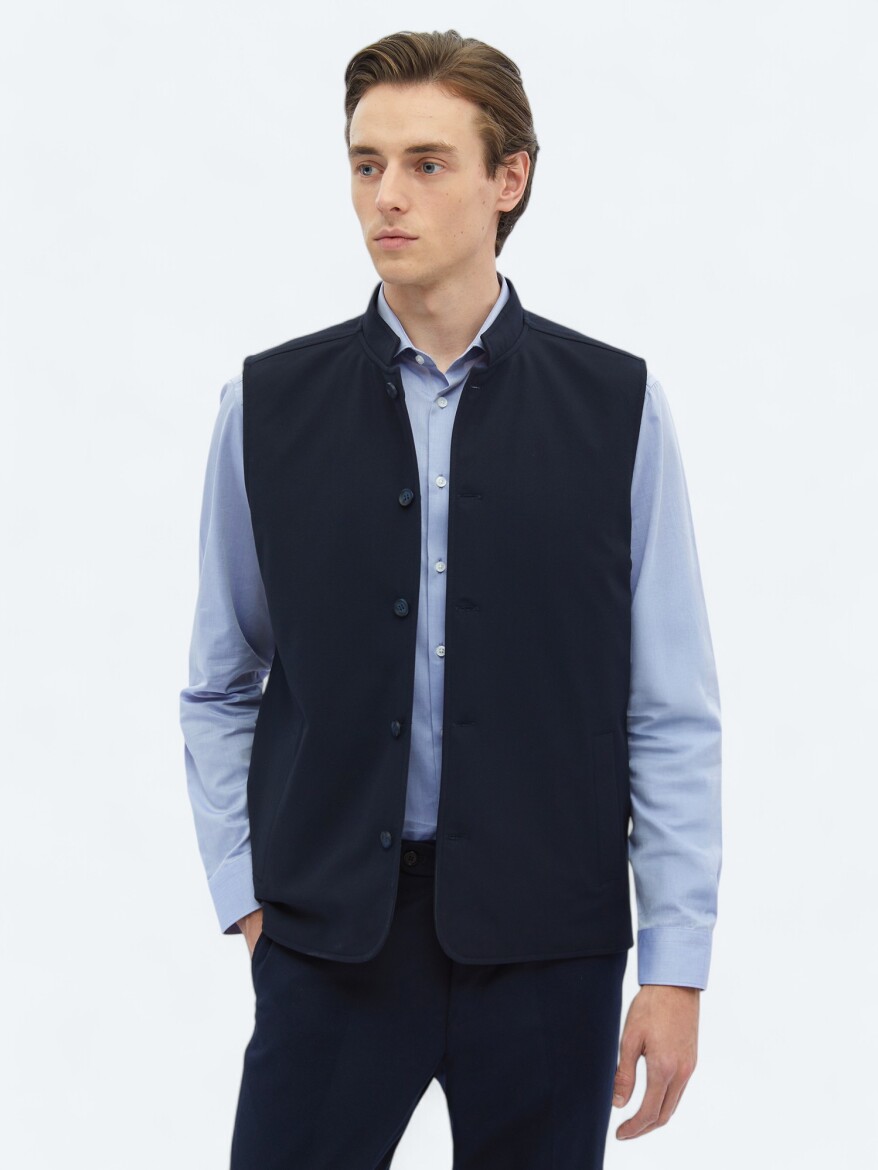 Navy Blue Regular Fit Turtleneck Casual Weaving Puffer Vest - 4