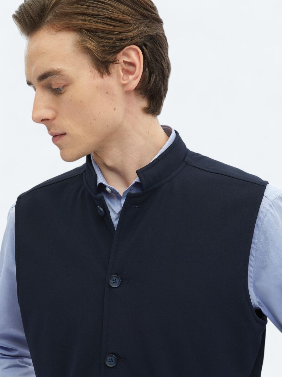 Navy Blue Regular Fit Turtleneck Casual Weaving Puffer Vest - 6