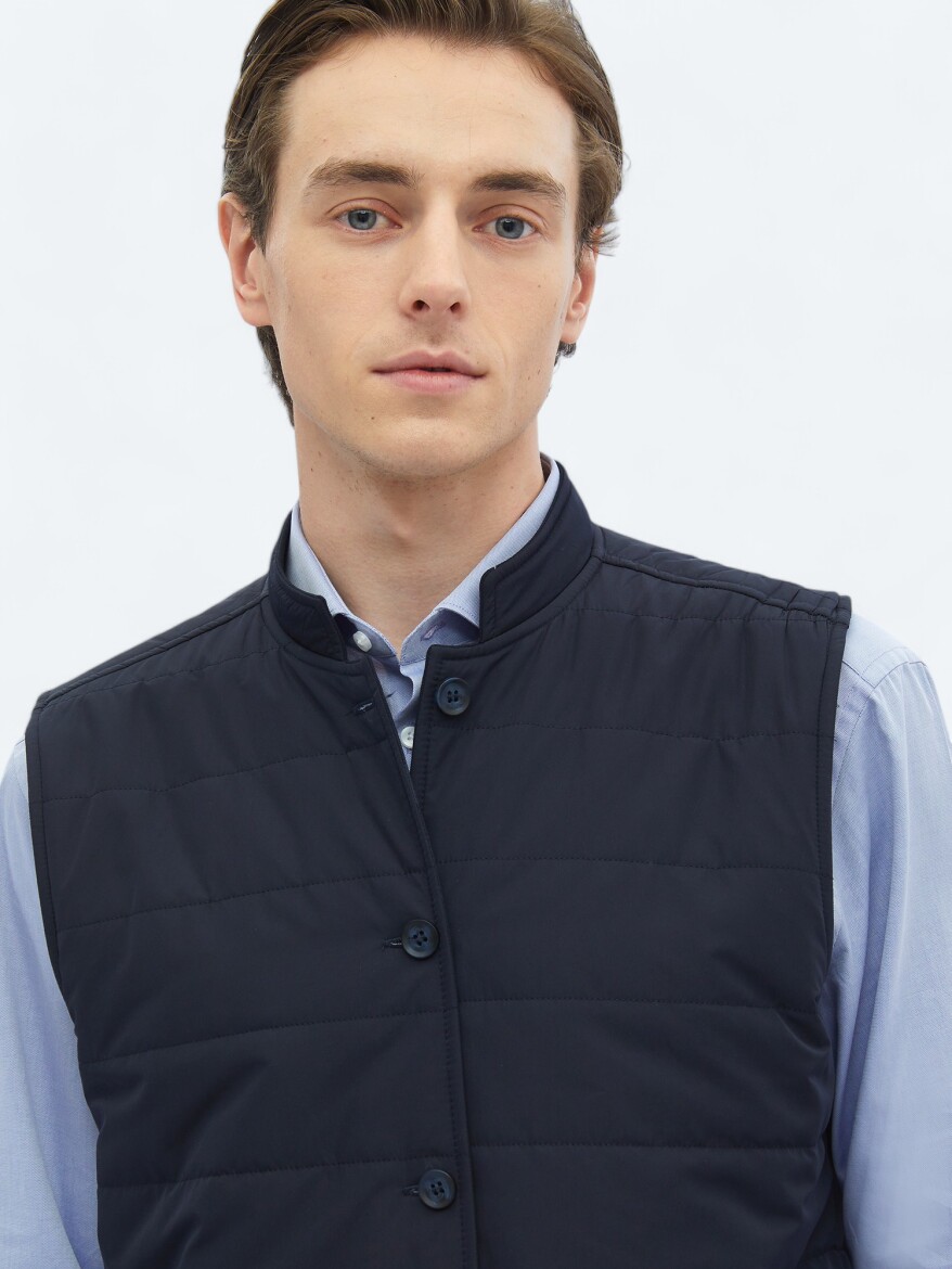 Navy Blue Regular Fit Turtleneck Casual Weaving Puffer Vest - 8
