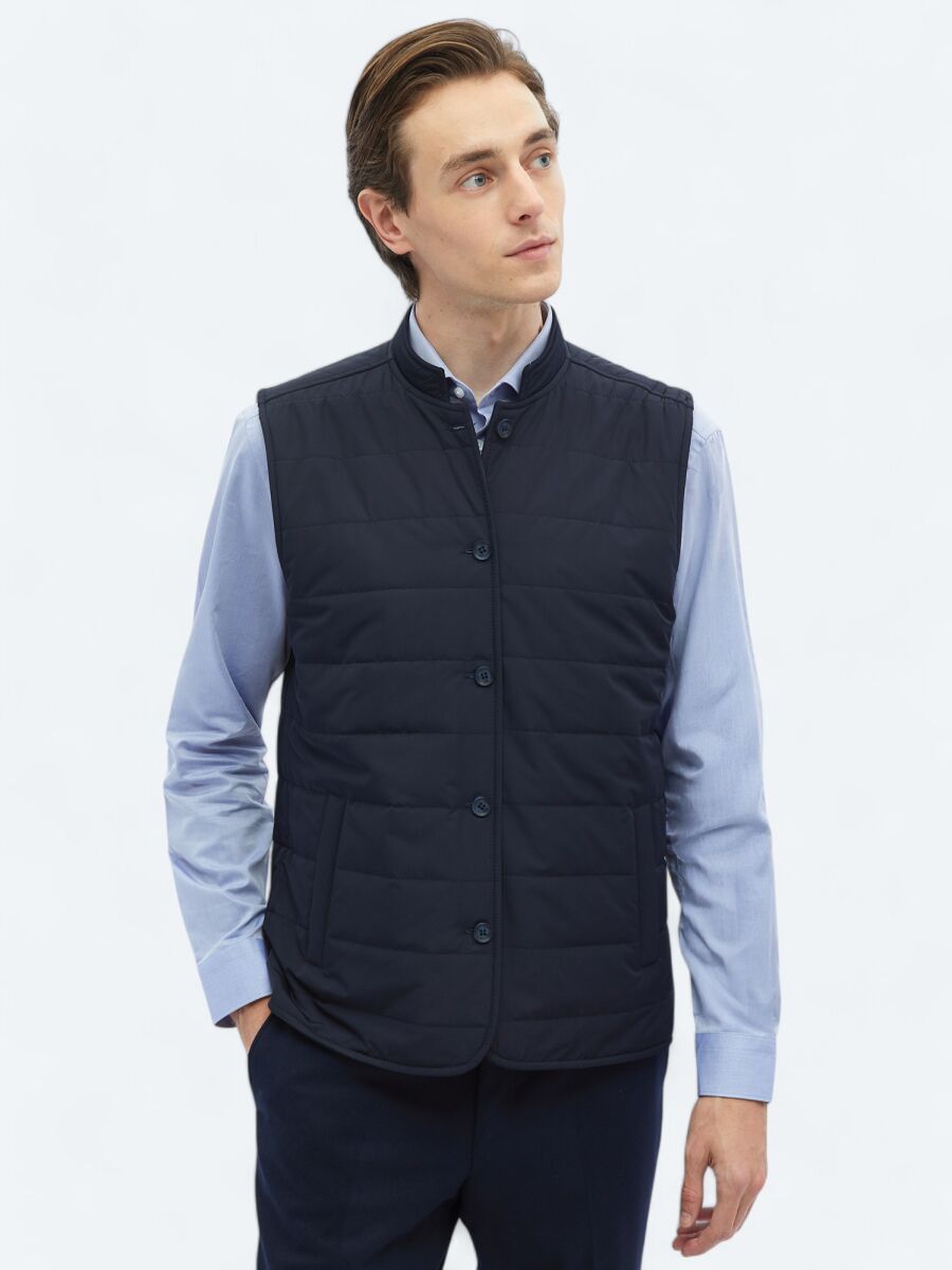 Navy Blue Regular Fit Turtleneck Casual Weaving Puffer Vest - 9