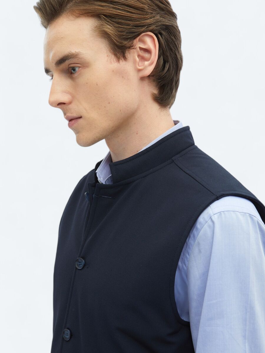 Navy Blue Regular Fit Turtleneck Casual Weaving Puffer Vest - 10