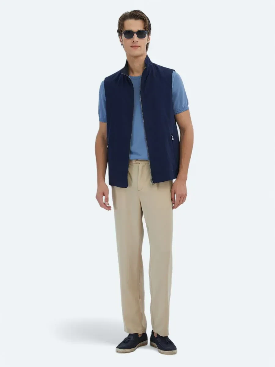 Navy Blue Regular Fit Turtleneck Casual Weaving Puffer Vest - 2