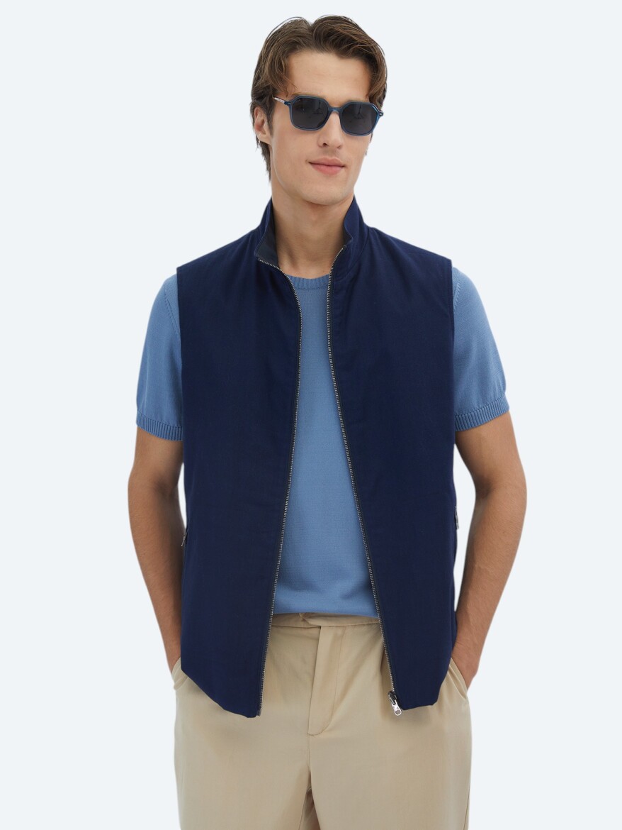 Navy Blue Regular Fit Turtleneck Casual Weaving Puffer Vest - KİP