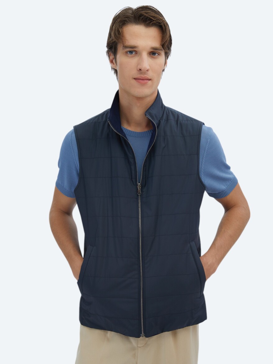 Navy Blue Regular Fit Turtleneck Casual Weaving Puffer Vest - 3