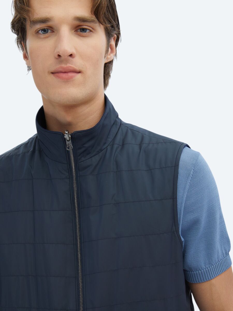 Navy Blue Regular Fit Turtleneck Casual Weaving Puffer Vest - 6